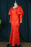 Röd sexig formellt tryck patchwork fyrkantig krage aftonklänning