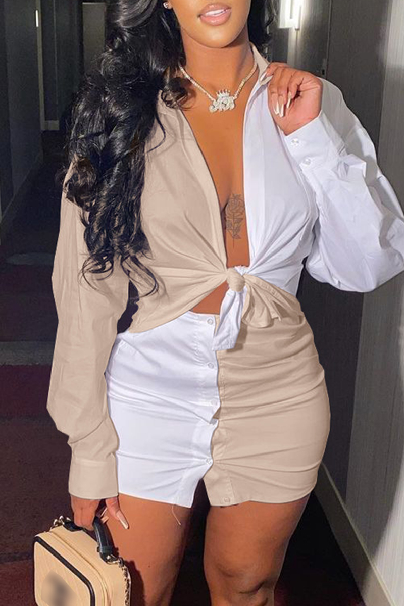 

Khaki Fashion Casual Solid Patchwork Turndown Collar Long Sleeve Two Pieces