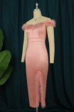 Розовое сексуальное вечернее платье в стиле пэчворк с разрезом на спине и открытыми плечами