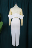 ホワイト セクシー フォーマル パッチワーク シースルー スリット ハーフタートルネック イブニングドレス ドレス