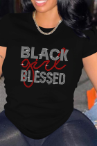 Camisetas con cuello en O de taladro caliente de patchwork casual negro