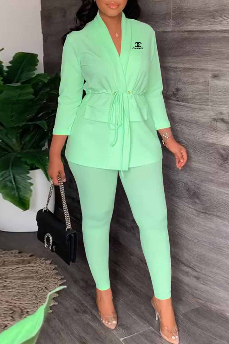 

Green Elegant Print Letter V Neck Long Sleeve Two Pieces