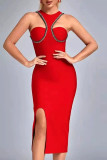 Vestidos de falda de un paso de cuello asimétrico de taladro caliente con abertura de retazos sólidos sexy rojo