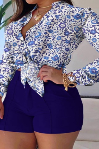 Blue Casual Print Patchwork Turndown Collar Long Sleeve Two Pieces