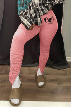 Pantaloni sportivi rosa casual con stampa patchwork con spacco pieghevole a vita alta con stampa di posizionamento a matita