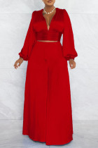 Red Sexy Solid Patchwork V Neck Long Sleeve Two Pieces