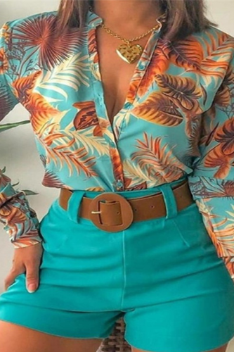 Green Casual Print Patchwork Turndown Collar Long Sleeve Two Pieces
