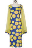 Желтые повседневные платья с длинным рукавом и круглым вырезом в стиле пэчворк с принтом