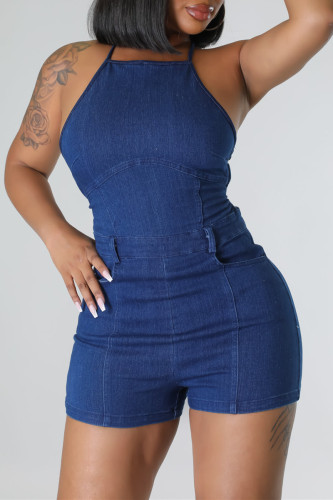 Deep Blue Sexy Casual Solid Backless Cross Straps O Neck Sleeveless Skinny Denim Romper