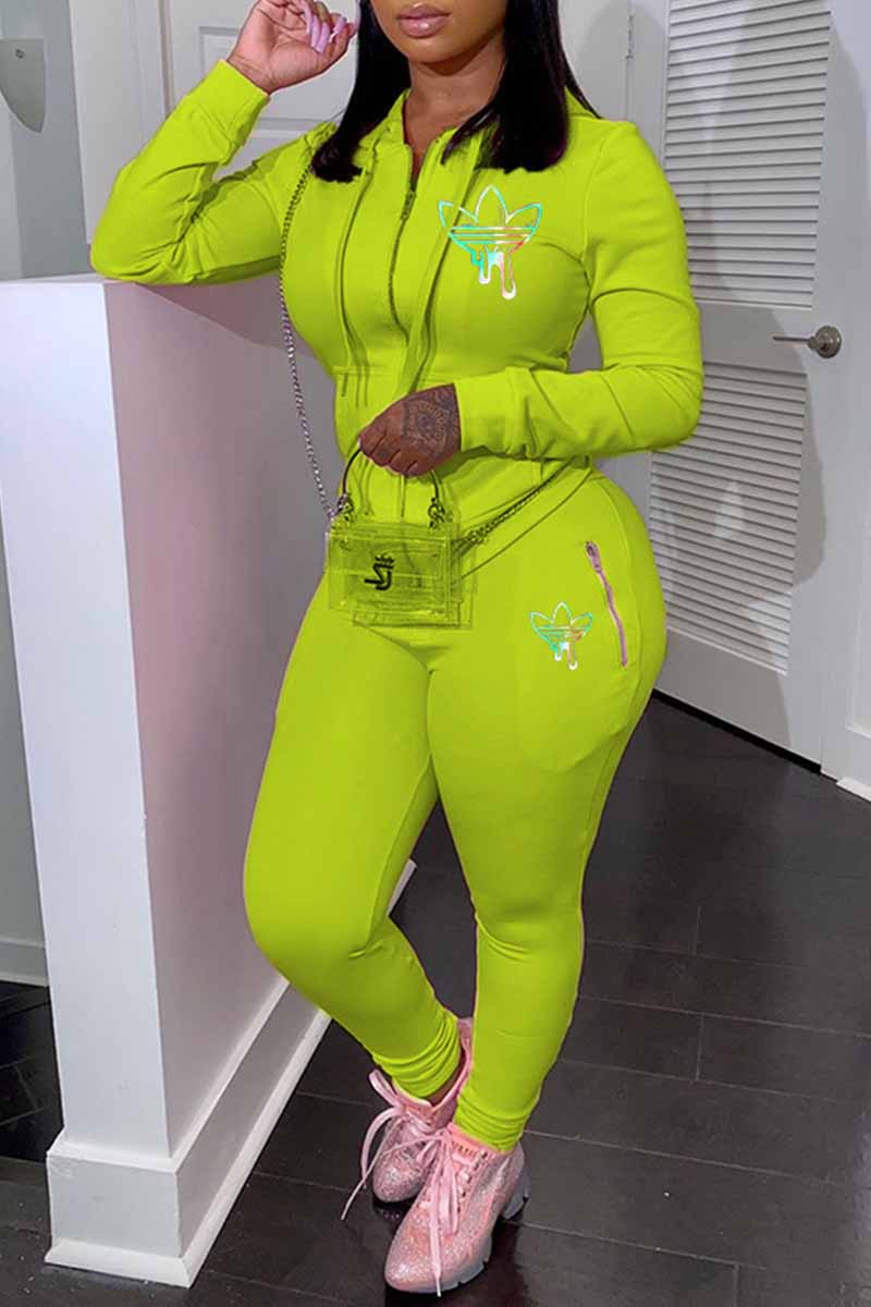 

Fluorescent Yellow Sexy Print Patchwork Hooded Collar Long Sleeve Two Pieces