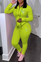 Fluorescent Yellow Sexy Print Patchwork Hooded Collar Long Sleeve Two Pieces