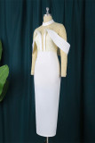 Белое сексуальное вечернее платье в стиле пэчворк с прозрачным разрезом и вырезом на шее