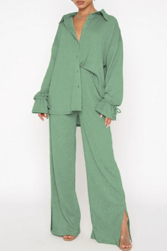 Light Green Casual Solid Patchwork Buckle Turndown Collar Long Sleeve Two Pieces