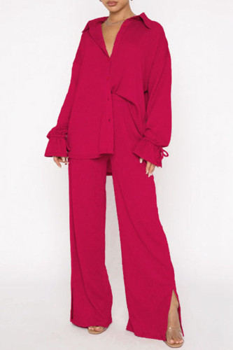 Rose Red Casual Solid Patchwork Buckle Turndown Collar Long Sleeve Two Pieces