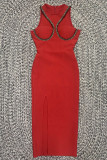 Rote sexy feste Patchwork-Schlitz-heißer Bohrer-asymmetrischer Kragen-ein Schritt-Rock-Kleider