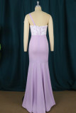Светло-фиолетовое сексуальное вечернее платье в стиле пэчворк с открытой спиной и без бретелек.