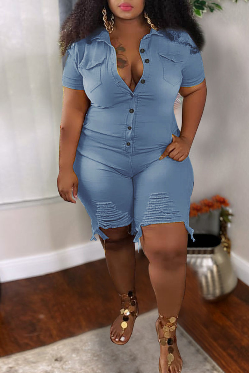 

Blue Casual Solid Ripped Patchwork Buckle Turndown Collar Regular Jumpsuits