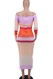 ピンク カジュアル ストライプ プリント パッチワーク オフショルダー ワンステップ スカート ドレス