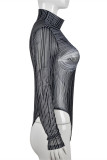 Schwarzer, sexy, lässiger, durchsichtiger Rollkragen-Skinny-Body mit Print
