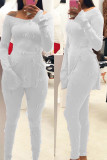 White Casual Solid Slit O Neck Long Sleeve Two Pieces