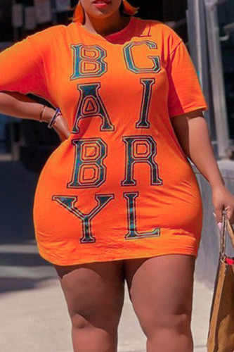 Orange Casual Print Patchwork O Neck T-shirt Dress Plus Size Dresses