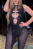 Black Sexy Patchwork Hot Drilling Hollowed Out See-through O Neck Skinny Jumpsuits