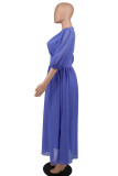Vestido largo con cuello en V de patchwork sólido informal azul Vestidos