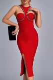 Красные сексуальные однотонные лоскутные разрезы, горячая дрель, асимметричный воротник, одноступенчатые юбки, платья