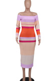 ピンク カジュアル ストライプ プリント パッチワーク オフショルダー ワンステップ スカート ドレス