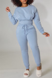 Light Blue Casual Solid Patchwork O Neck Long Sleeve Two Pieces