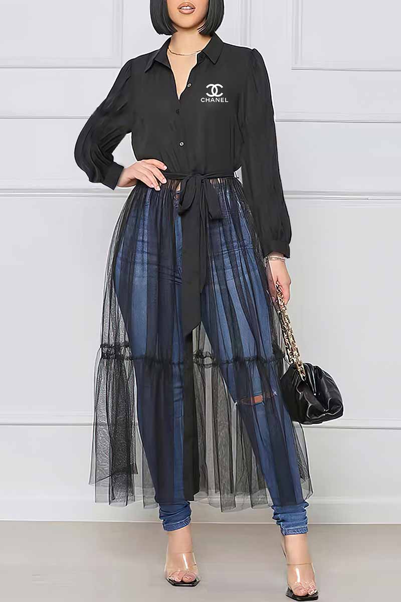 

Black Sweet Print Patchwork Letter Turndown Collar Shirt Dress Dresses