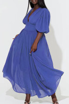 Синее повседневное однотонное длинное платье в стиле пэчворк с V-образным вырезом Платья