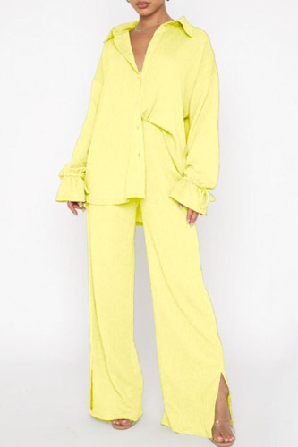 Yellow Casual Solid Patchwork Buckle Turndown Collar Long Sleeve Two Pieces