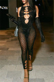 Black Sexy Patchwork Hot Drilling Hollowed Out See-through O Neck Skinny Jumpsuits