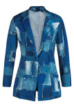 Blue Casual Print Patchwork Buttons Turn-back Collar Long Sleeve Two Pieces