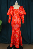 Vestido de noche de cuello cuadrado de patchwork con estampado formal sexy rojo