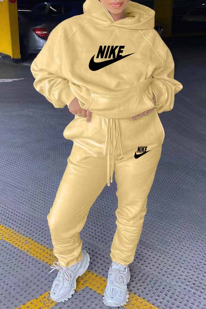 

Khaki Casual Print Letter Hooded Collar Long Sleeve Two Pieces