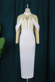 White Sexy Formal Patchwork See-through Slit Half A Turtleneck Evening Dress Dresses