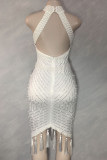 Белая сексуальная сплошная кисточка в стиле пэчворк с бисером, горячая дрель, половина водолазки, одноступенчатая юбка, платья