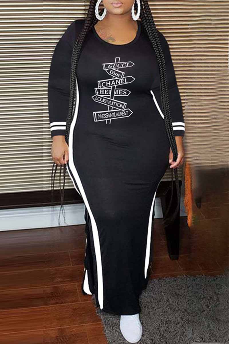 

Black Casual Print Letter O Neck One Step Skirt Plus Size Dresses