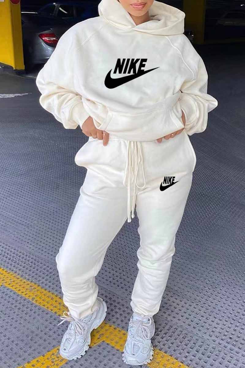 

White Casual Print Letter Hooded Collar Long Sleeve Two Pieces