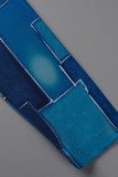 Синий Повседневный принт Пэчворк Пуговицы Воротник с отложным воротником Длинный рукав Из двух частей