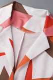 naranja casual estampado patchwork botones cuello vuelto manga larga dos piezas