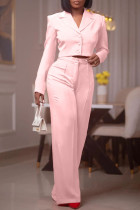 Pink Casual Solid Patchwork Buckle Turn-back Collar Long Sleeve Two Pieces