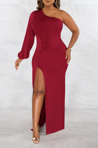 Burgundy Sexy Solid Slit One Shoulder Pencil Skirt Dresses