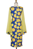 Gelbe, lässige Patchwork-Kleider mit O-Ausschnitt und langen Ärmeln