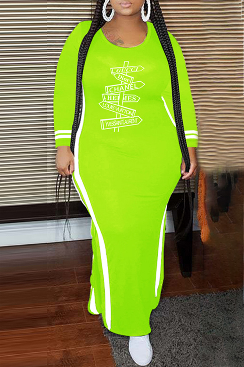 

Fluorescent Green Casual Print Letter O Neck One Step Skirt Plus Size Dresses