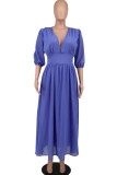 Синее повседневное однотонное длинное платье в стиле пэчворк с V-образным вырезом Платья