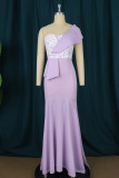 Светло-фиолетовое сексуальное вечернее платье в стиле пэчворк с открытой спиной и без бретелек.