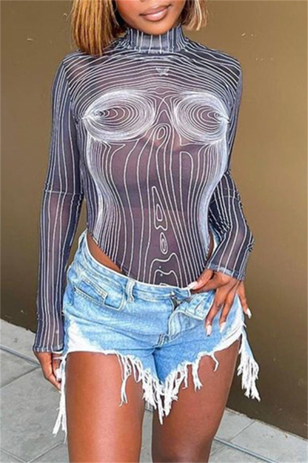 Body skinny noir sexy décontracté imprimé transparent à col roulé